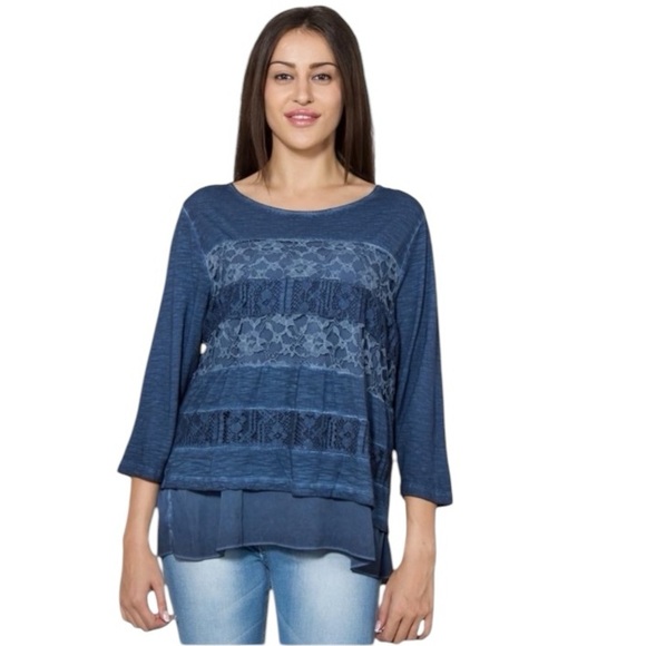 Chico’s Relaxed Fit Blue Lace Panels Tiered 3/4 Sleeve Boho Tunic Top Size L/XL - Picture 1 of 10